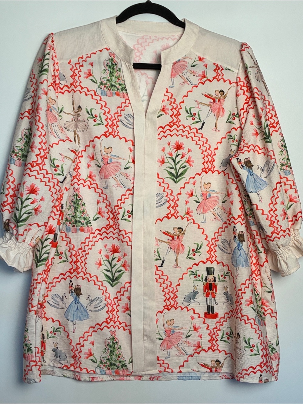 The Nutcracker Women's Cream Printed Top with Pink Ballet Motif & Ruffled Sleeve